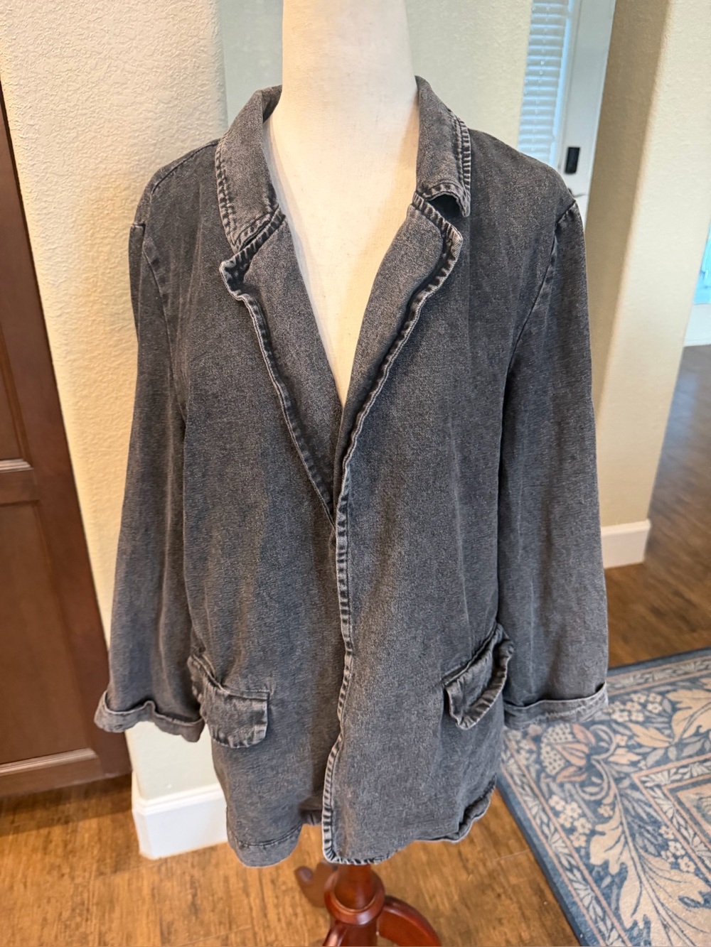 BiBi Washed Black Charcoal Denim Blazer Jacket Oversized XL Raw Edge Boho